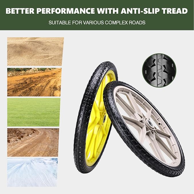 20"" Flat Free Tire and Wheel with 3/4"" & 5/8"" Bearing, Replacement Wheels for Rubbermaid Wheelbarrow,Lawn Carts, Big Wheel Utility Carts and Garden Yard Cart, 2 Pcs Yellow