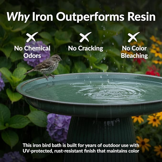 Sunnydaze Gleeful Garden 23" Iron Pedestal Bird Bath for Outside - Modern Shallow Basin Birdbath for Outdoors with UV-Protected Rust-Resistant Finish for Patio, Garden, Yard Decor - Green Glaze