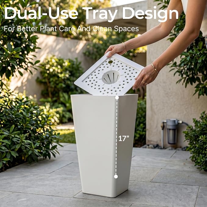 KOL Planters for Outdoor Plants, 20 Inch Tall White Flower Pots 2 Pack, Large Plastic Plant Pots with Drainage Hole and Dual-Purpose Tray, Decorative Indoor Planter for Front Porch Patio Garden