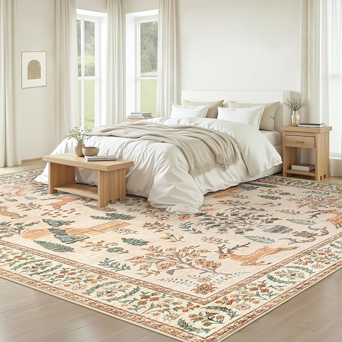 Living Room Rugs 8x10: Washable Boho Rug Farmhouse Non Slip Stain Resistant Large Rug Low Pile Soft Carpet for Bedroom Dining Room Children Room (Cream Animal,8'x10')