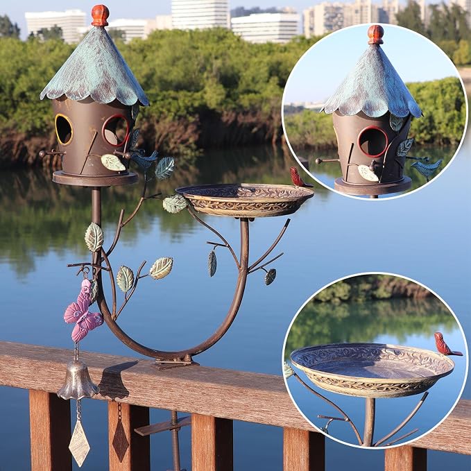 HLQMFHT Deck Bird Bath, Metal Bird Bath and Bird Houses, Decorative Deck Mounted Bird Baths, Detachable and Adjustable Sturdy Deck Bird Bath for Outdoor Porch Yard Garden Decoration