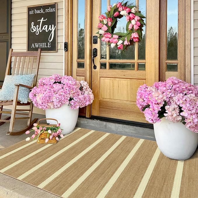 Striped 3x5 Entry Rug, Washable Indoor Outdoor Mats for Front Door | Non-Slip Porch Rug Tan Beige Cottage Farmhouse Small Rugs for Living Room Bedroom Entryway Kitchen Mudroom Office Porch Decor