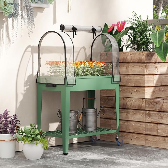 Outsunny Raised Garden Bed with Greenhouse Cover, Large Metal Outdoor Elevated Planter Box with Lockable Wheels, Storage Shelf and Drainage Hole for Vegetables, Flowers, Herbs, Green