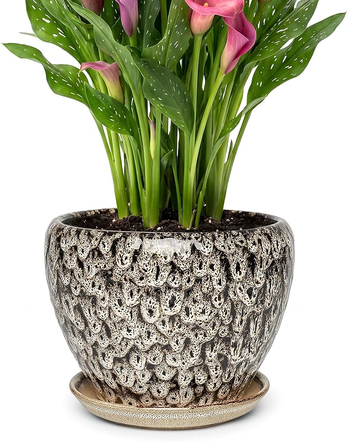 9.5 Inch Ceramic Plant Pot with Drainage Hole Mesh Net,Modern Gardening Pots for Indoor Plants with Saucer, Speckle White