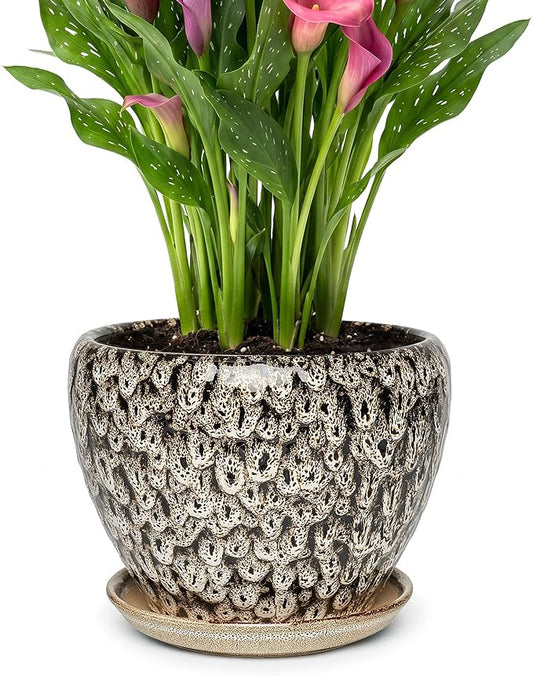 9.5 Inch Ceramic Plant Pot with Drainage Hole Mesh Net,Modern Gardening Pots for Indoor Plants with Saucer, Speckle White