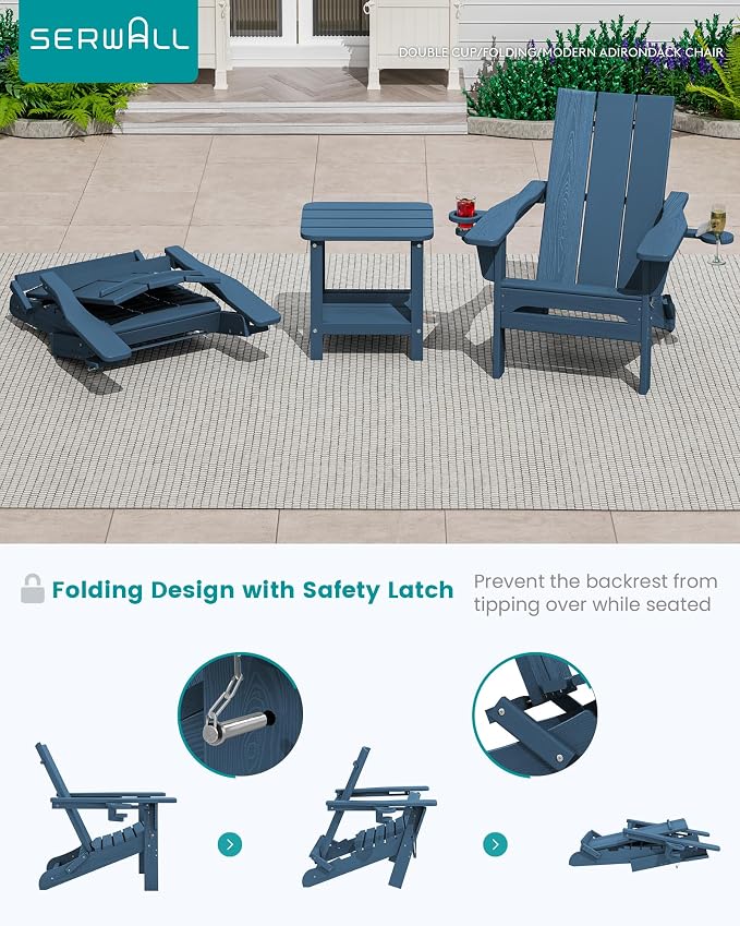 SERWALL Modern Folding Adirondack Chair, All Weather Resistant Outdoor Adirondack Chair with Dual Cup Holders, HDPE Fire Pit Chair for Patio Lawn Garden, Blue