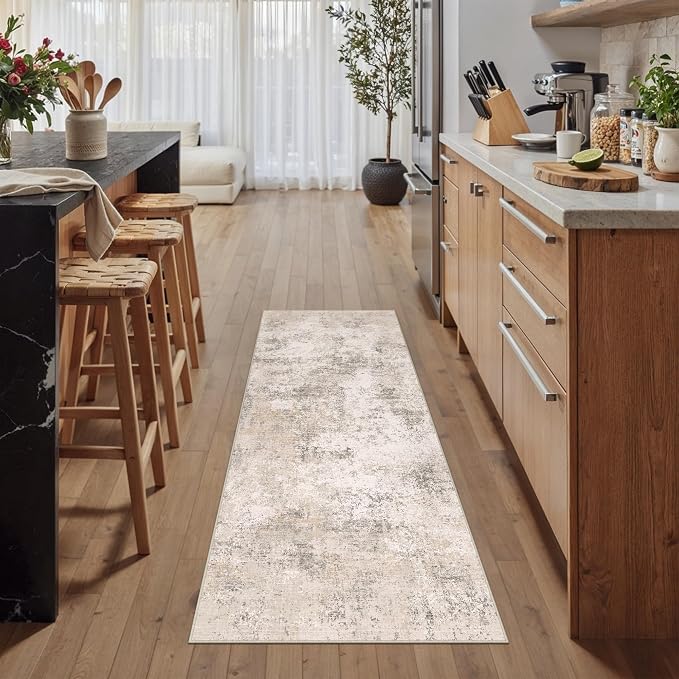 2x6 Beige Modern Abstract Washable Runner Rug for Hallway | Low Pile, Non Slip, Modern Abstract Style, Soft Hallway Runner Rug for Kitchen, Entryway, Laundry Room, Home Decor