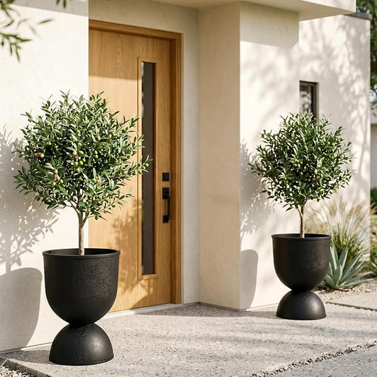 KOL Planters Flower Pots, Plastic Urn Planters for Indoor Outdoor Plants, Black Pedestal Planter Pots 2 Pack, 15 Inch Tall Decorative Planters with Drainage Holes & Plugs for Front Porch Patio Garden