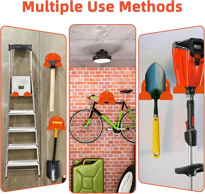 Wall Mount Trimmer Rack 4-Pack, Heavy Duty Weed Eater Hanger for Garage Wall, Garden Power Tool Holder Organizer Hooks for Grass Trimmer, Hedge Trimmer (Orange)