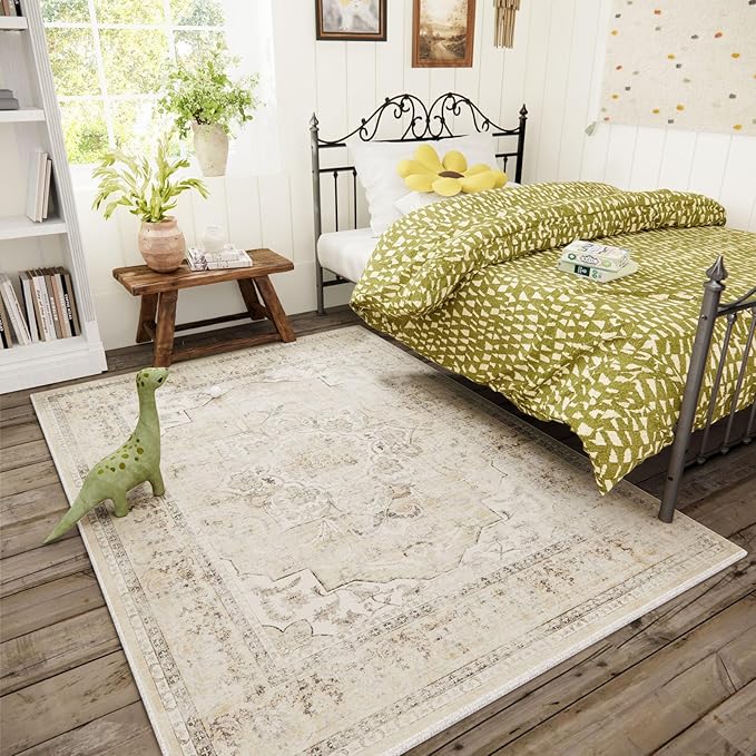 3x5 Washable Area Rugs for Bedroom: Small Entryway Rug with Non Slip Backing Low Pile Soft Faux Wool Distressed Vintage Boho Throw Rugs for Living Room Kitchen Office Dorm Nursery Entrance Enytry