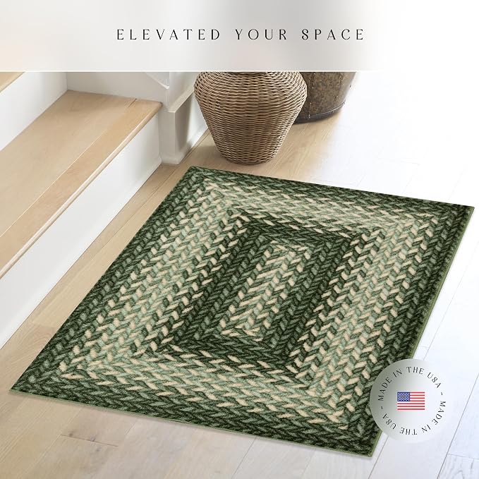 Maples Rugs Marion Bohemian Braided-Style Print Area Rug – Made in USA – Washable, Non-Slip Low-Profile Small Indoor Rug for Entryway & Kitchen, 46" x 30", Green