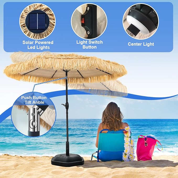 9FT Tiki Thatched Umbrella With Solar Lights for Outdoor Patio Poor Garden | 8 Steel Ribs,Zinc Alloy Push Button Tilt,UPF 50+,Strong Wind Resistance,9-12 hours of lighting,45°of tilt,Easy Set Up
