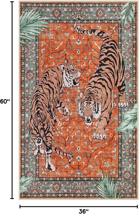 Moynesa Tiger 3x5 Washable Rug, Boho Area Rugs for Entryway, Non Slip Small Rug for Bedroom, Ultra Thin Botanical Vintage Soft Accent Carpet for Kitchen Entry Laundry Room, Rust