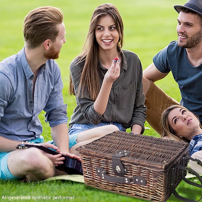 Picnic Basket Set for 4 with Waterproof Blanket Mat Insulation Bag Wicker Navy Blue Vintage Classic Gift for Christmas Thanksgiving Wedding Birthday Camp Outdoor Beach Travel