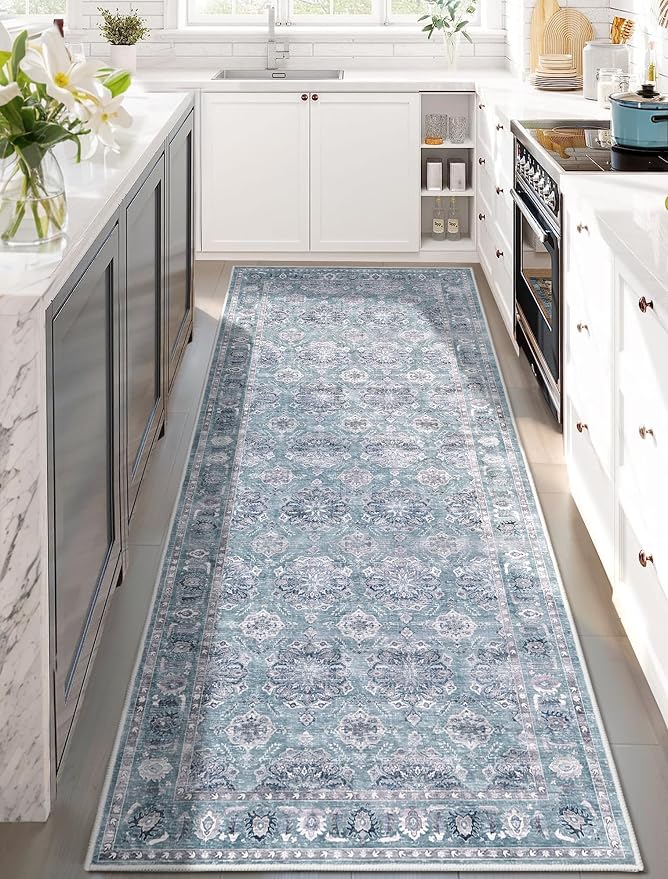 SERISSA 2x6 Washable Non Slip Floral Boho Runner Rug for Hallway | Ultra Soft Vintage Floral Carpet Low-Pile Blue Grey Indoor Mat Throw Rug for Kitchen Bedroom Bathroom Laundry Living Room