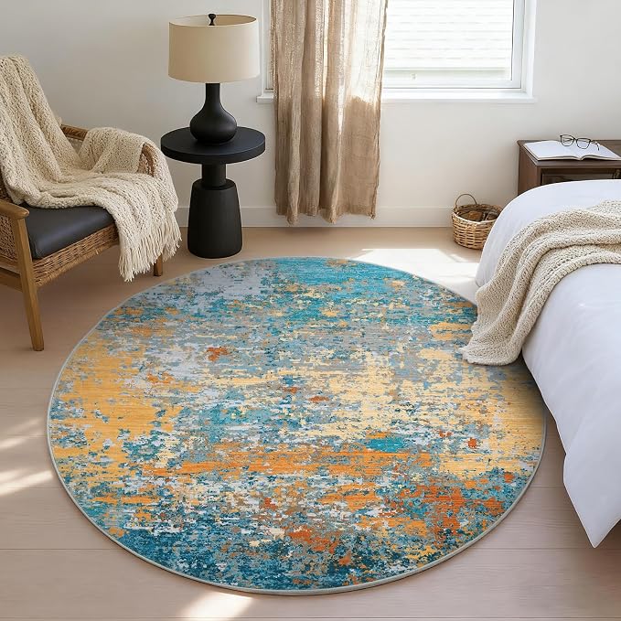 ROYHOME Modern Abstract 4x4 Round Area Rug Non Slip, Multi Color | Non Shedding Rug Low Pile Stain Resistant for Bedroom Living Room office Dining Room