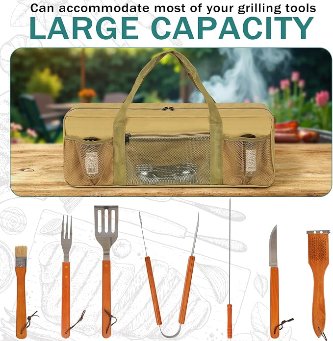 Grill Tool Storage Bag, Large Grill Utensil Storage Caddy with Pockets, Portable Grill Accessory Storage Bag for Outdoor Camping & BBQ (Brown)