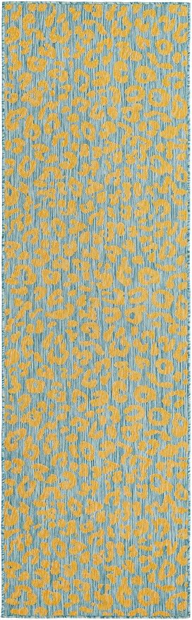 Unique Loom Outdoor Safari Collection Area Rug - Leopard (2' 11" x 10' Runner, Blue Yellow/ Blue)