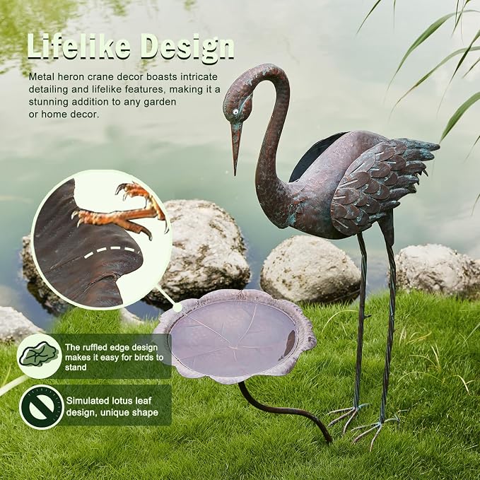 36"H Crane Bird Bath,Metal Birdbaths for Outdoor,Bird Feeders for Outdoors | Heron Garden Statues With bird bath,Vintage Birdbath for Garden Patio Lawn Decor