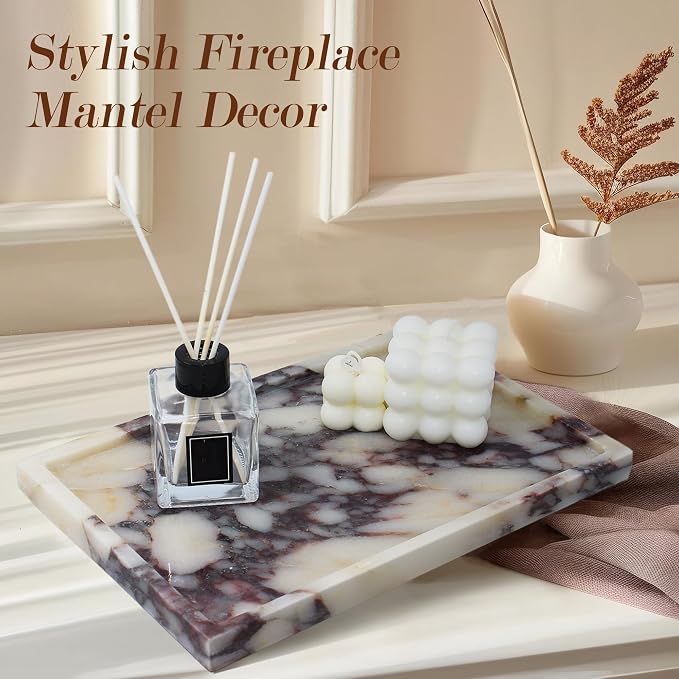 YMXYJM 100% Real Luxury Natural Marble Vanity Tray Genuine Calacatta Viola Marble Stone Storage Trays for Home Decor Bathroom Vanity Dresser Kitchen, Non-Resin/Non-Ceramic, 11.7" x 7.8"