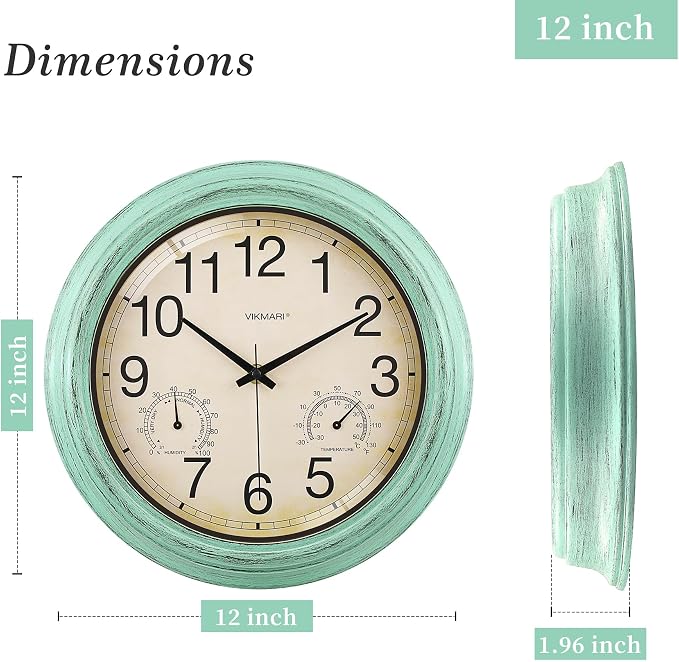 VIKMARI Indoor Outdoor Sealed Glass Clock Waterproof Silent Classic Quartz Clocks Thermometer and Hygrometer Combo Battery Operated Wall Clocks for Bathroom Patio Pool Wall Decor (12 Inch,Teal Green)