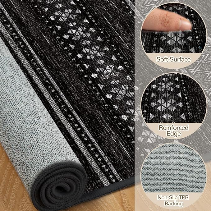 4x6 Washable Area Rugs for Living Room Boho Bedroom Rug Black/White | Vacuum Friendly, Machine Washable, Non-Slip Rug, Stain Resistant, Moroccan Geometric, Low Pile Carpet, Dining Room Kitchen
