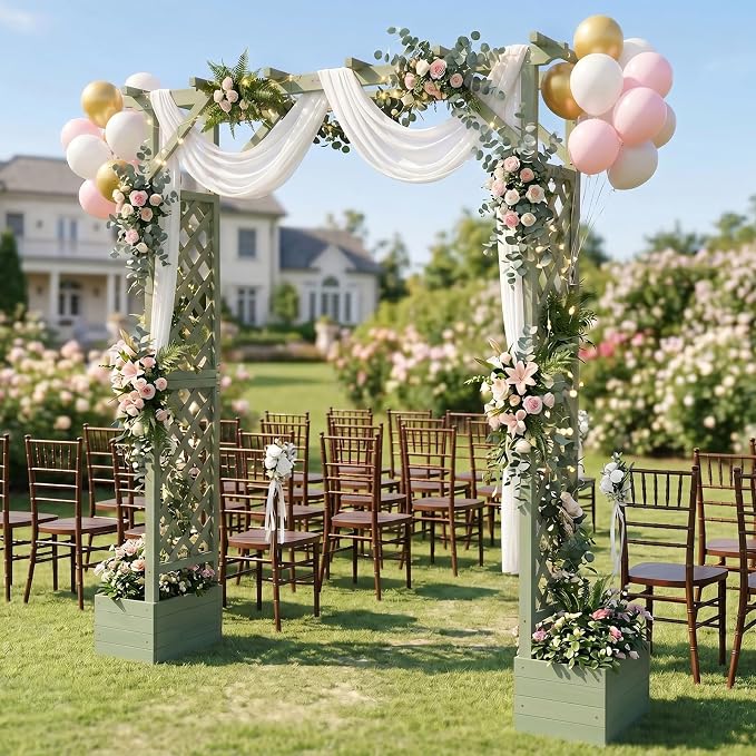 VINGLI Wooden Garden Arbor with Planter, Wedding Arch for Ceremony, Wood Garden Arbour Trellis for Plant Climbing, Pergola for Garden Backyard, Lawn, Outdoor (Olive Green)