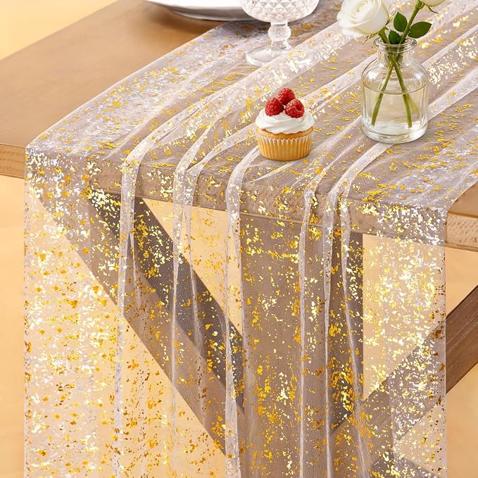 Socomi Gold Table Runner Gauze Tulle Ivory White Sheer Glitter Metallic Foil Chiffon Cheesecloth Sequin 10FT Wedding Birthday Party Dining Anniversary Holiday Centerpiece Table Decor 3pcs