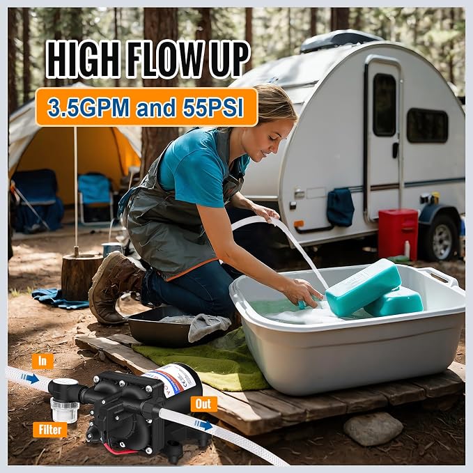 YOUNGTREE 12V RV Water Pump 3.5GPM 55PSI On Demand Fresh Water Pressure Diaphragm Pump 12 Volt Self Priming with Pressure Switch for RV Camper Marine Sprayer Outdoor Shower Kitchen Garden