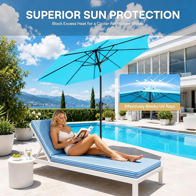 Sannwsg 9/10 FT Patio Umbrella Outdoor with 8 Premium Fiberglass Ribs, Push Button Tilt and Crank, UV Protection Table Market Umbrella for Pool, Porch, Garden, Deck, Backyard, Outside