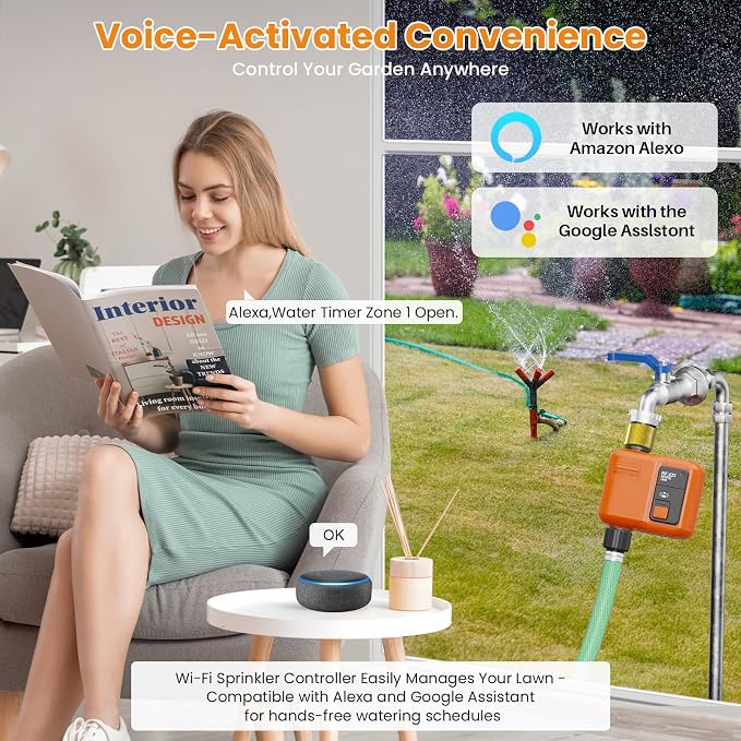WiFi Water Timer for Garden Hose, Smart Sprinkler Timer with 984ft Long Range, Strong Wall Penetration, APP & Remote Control, Voice Control, Rain Delay, Manual Mode, Watering System (1 Outlet,2pcs)