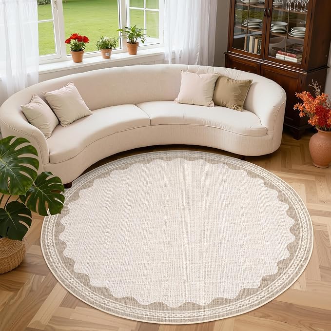 GarveeHome Scalloped Beige 6ft Round Rug Washable Non-Slip Soft Ultra-Thin Small Circle Modern Cottage Core Solid Carpet for Entryway Kitchen Bedroom Nursery Dining Room