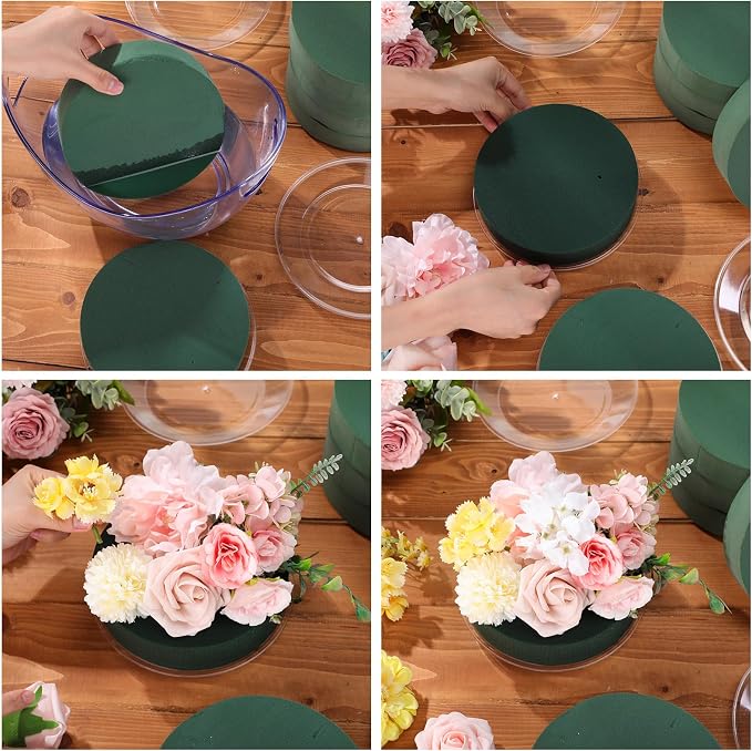 Threlaco 6 Sets Round Floral Foam and Clear Plastic Saucer Plant Drip Tray Floral Flower Dish Green Foam for Artificial Flowers Wedding Home Party Decoration (7.5 Inches)