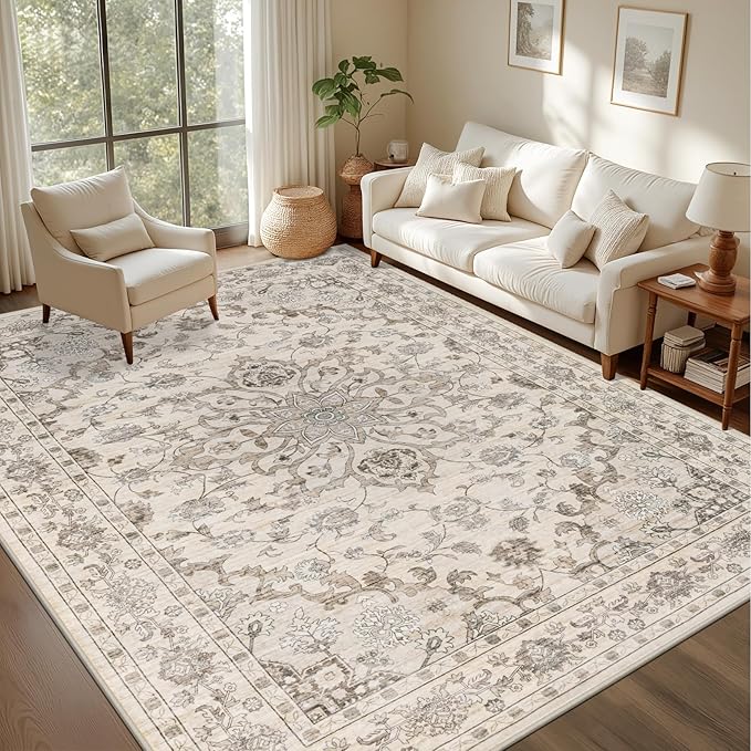 6x9 Area Rugs Living Room: Washable Rug for Bedroom Brown Beige | Boho No Slip Stain Resistant Rug Soft Indoor Decor Floor Floral 6x9 Area Rugs for Dining Room, Nursery, Hallway, Home Office