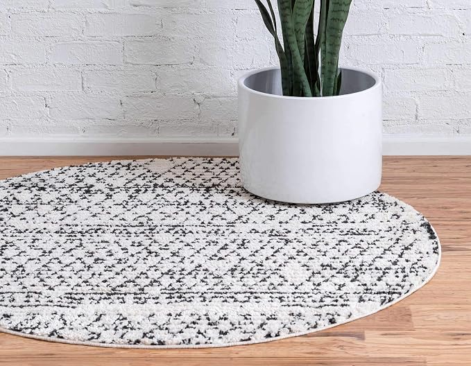 Unique Loom Morocco Collection Abstract Border, Diamond, Bohemian Area Rug (7' 0 x 7' 0 Round, Ivory/Black)