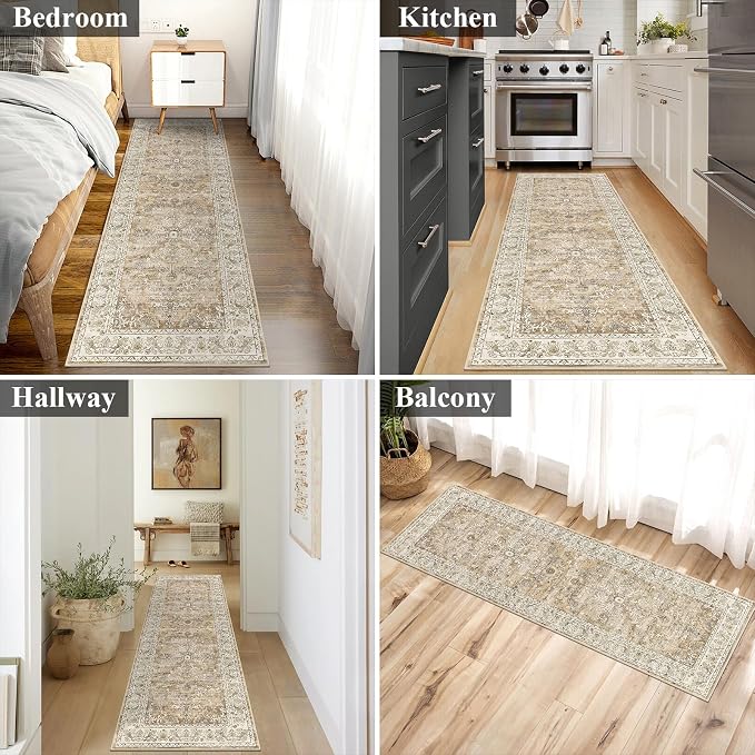 U'Artlines 2' x 6' Boho Hallway Runner Rug Non Slip Runners,Cream Tan | Washable, Vintage Farmhouse Kitchen Rug Accent Area Carpet for Entryway Laundry and Living Room