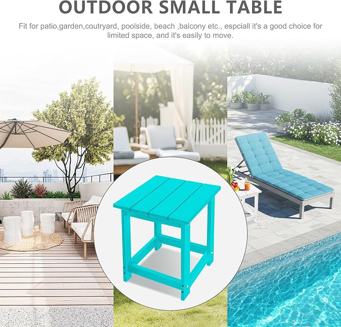 LZRS Patio Side Table, Heavy Duty HDPE Outdoor End Table with Wood Texture, Weatherproof Composite Table for Adirondack Chairs, Deck, Pool, Indoor/Outdoor, No Peeling or Cracking(Turquoise)