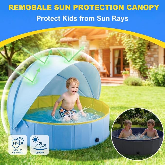 Kiddie Pool with Canopy, Large Foldable Pool Detachable UPF 50+ Sunshade | 63in Pool, Removable Sunshade, Foldable, Non Slip, Swimming Pool Beach Essentials Tent with Shade for Outdoor Backyard Beach