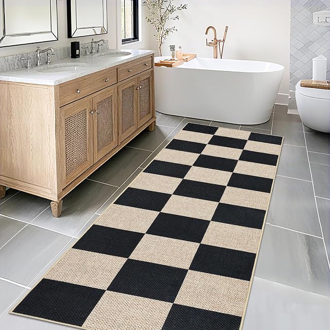 Garvee 2x6 Runner Rug Kitchen Rugs Washable Easy Jute Rug, Black/Beige | Modern Checkered Rug Hallway Runner Rug Stain Resistant Easy Cleaning Non Shedding Floor Cover for Laundry Entryway