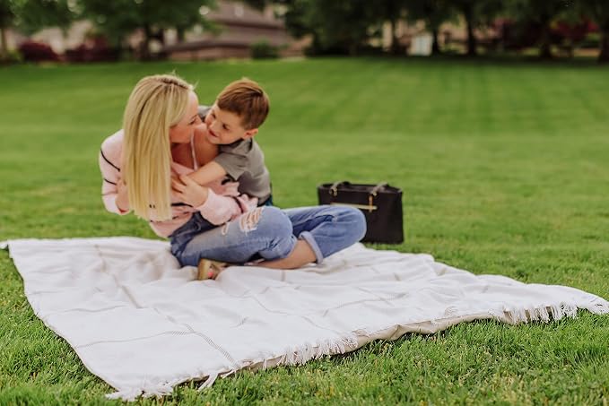 Picnic TIME Montecito Picnic Blanket with Harness, Large 60" x 70" Outdoor Blanket, Woven Cotton Top with Water-Resistant Poly Duck Backing, Sandproof Beach Mat for Camping & Travel (White & Taupe)