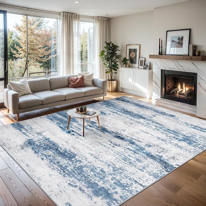 PLHXFR Area Rug Living Room: 4x6 Abstract Washable Carpet White Blue | For Bedroom Dining Room Farmhouse Nursery Home,Machine washable,Non Slip,Large Soft Neutral,Stain Resistant, Indoor Floor