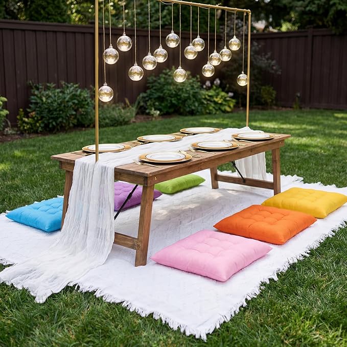 8 Pcs Fit for 6 People 91 x 71'' Extra Large Outdoor Picnic Blanket with Bright Table Runner and Floor Pillow Cushion Fit for 6 People Picnic Wedding Birthday Baby Shower Backyard Decor