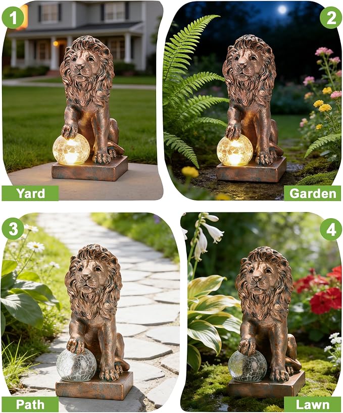 Guardian Lion Outdoor Statues for Garden with Solar Ball (Copper) | 9.45in IP65 Waterproof,Outside Decor, Yard Art Lawn Ornaments, Porch Patio Balcony Home House, Gifts for Mom Grandma Women
