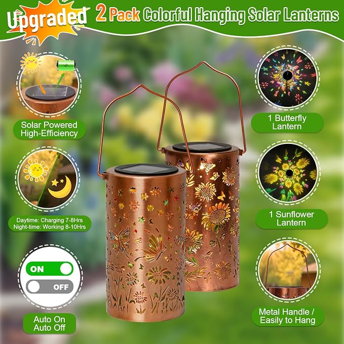 Garden Decor - [2 Pack] Colorful Hanging Solar Lanterns Outdoor Waterproof, Sunflower + Butterfly Solar Lantern for Courtyard Patio Table Step Front Porch Decor, Gifts for Mom Wife Grandma Friends