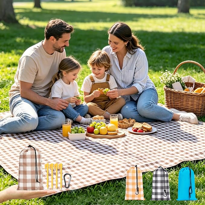 Fammart Pocket Picnic Blanket Sandproof Waterproof, Portable Lightweight Camping Tarp, Quick Dry Foldable Compact Beach Mat with Corner Pockets & Stakes for Festivals Hiking Outdoor Essentials