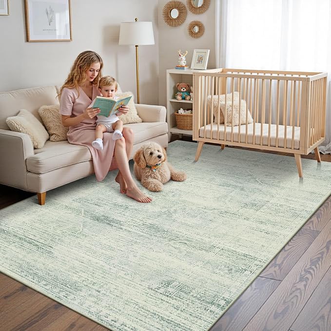 Latte&Fog 5x7 Area Rugs for Living Room, Washable Green Rugs for Bedroom | Non Slip Low Pile Soft Floral Viintage Carpet for Dining Kitchen Kids Playroom Nursery Classroom Dorm Farmhouse Office