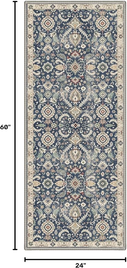 2X5 Washable Hallway Runner Rug, Boho Floral Non Slip | Muted Navy Floral Runner, Soft Faux Wool Rug for Corridor Kitchen Entryway, Stain Resistant, Pet-Friendly, Non-Shedding, Thin