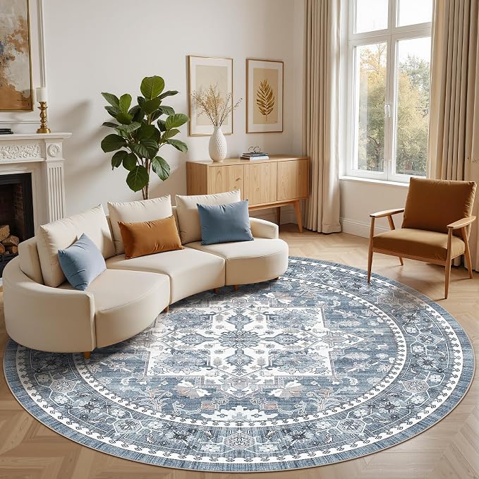 Washable Area Rug-8X8 Vintage Neutral Soft Blue | Non Slip Thin Foldable Large Floor Carpet for Living Room Bedroom Kitchen Dining Room Home Office Farmhouse Indoor