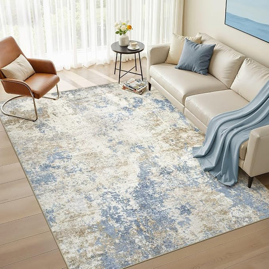 Nakagishi 6X9 Abstract Washable Area Rugs for Living Room-Blue Brown | Modern Non-Slip Silicone Backing Low Pile Soft Carpet for Bedroom Dining Decor for Families with Kids and Pets