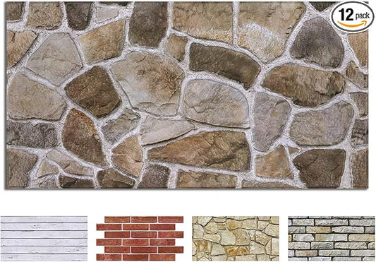 COMSTICKC 3D Faux Stone Wall Panels Peel and Stick Decorative Tiles, 12 Pcs 22.8" x 11.8", DIY UrltraLight PVC Fake Stone Rock Wall Covering for Kitchen, Living Room Background, Covers 22.48 sq.ft